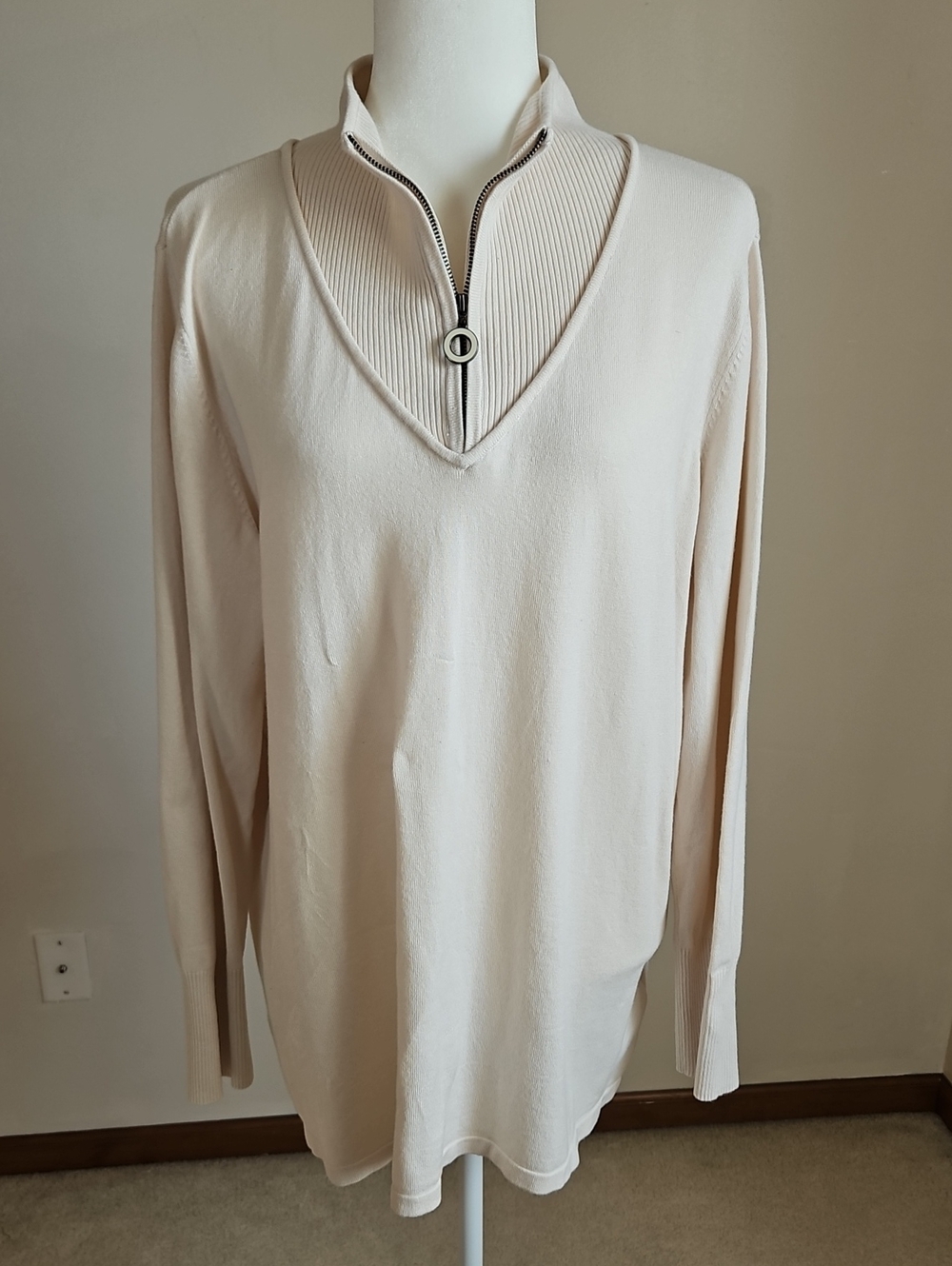 Susan Graver Quarter Zip Pullover Sweater Ribbed V Inset XL Cream Long Sleeves